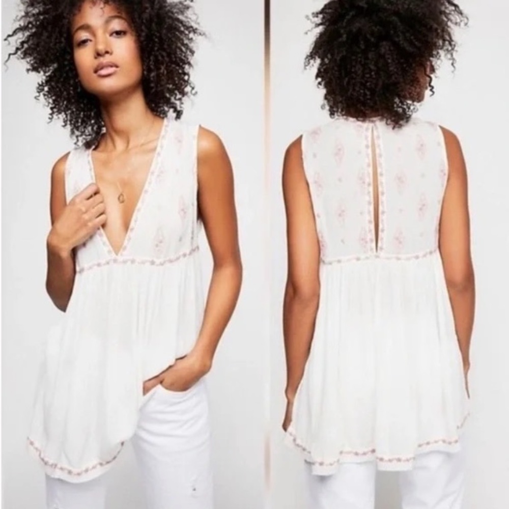 Free People Embroidered Diamond V-Neck Tank Top W-658 Size S